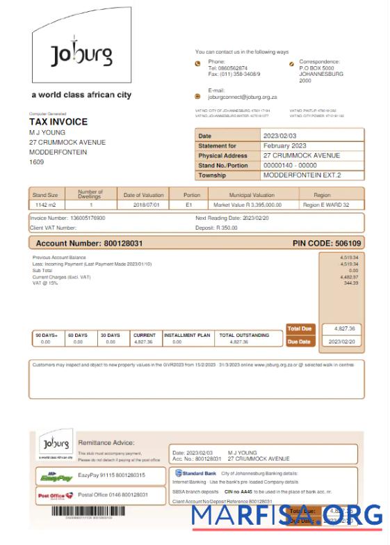 Downloadable SOUTH AFRICA JOBURG utility bill Word and PDF template